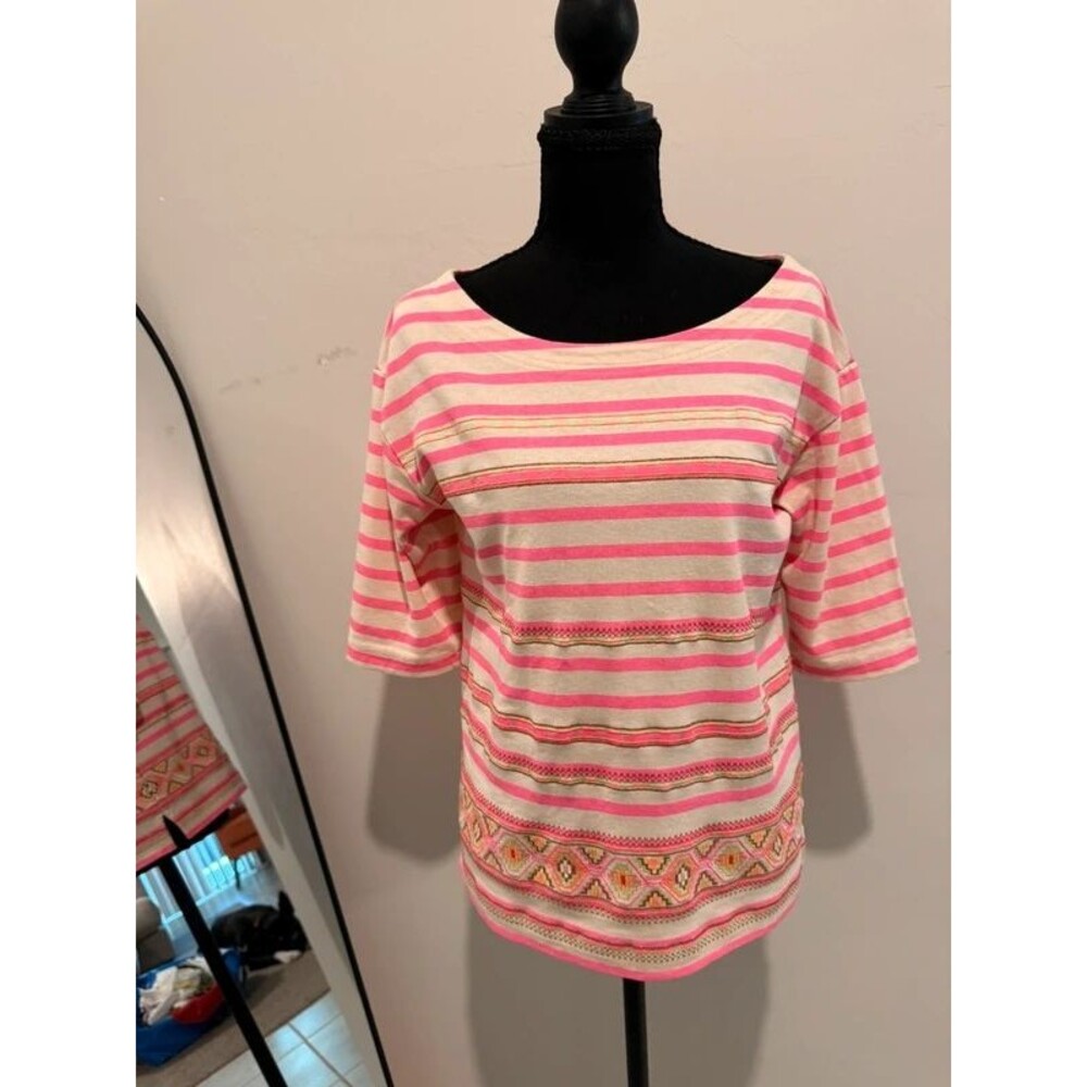 J. Crew pink and cream stripped short sleeve shirt.